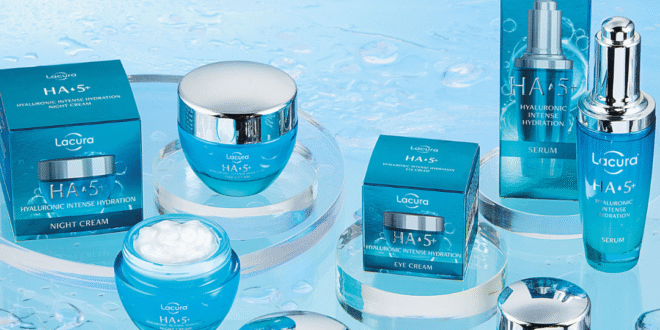 Full Lacura Five-Type Hyaluronic Acid range including day cream, night cream, serum and eye cream.