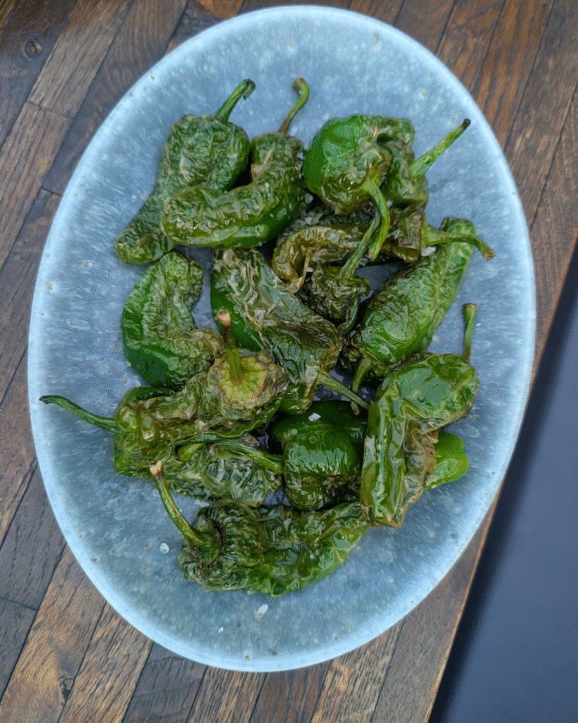  Padrón peppers with smashed feta served at Mate’s Restaurant, London.
