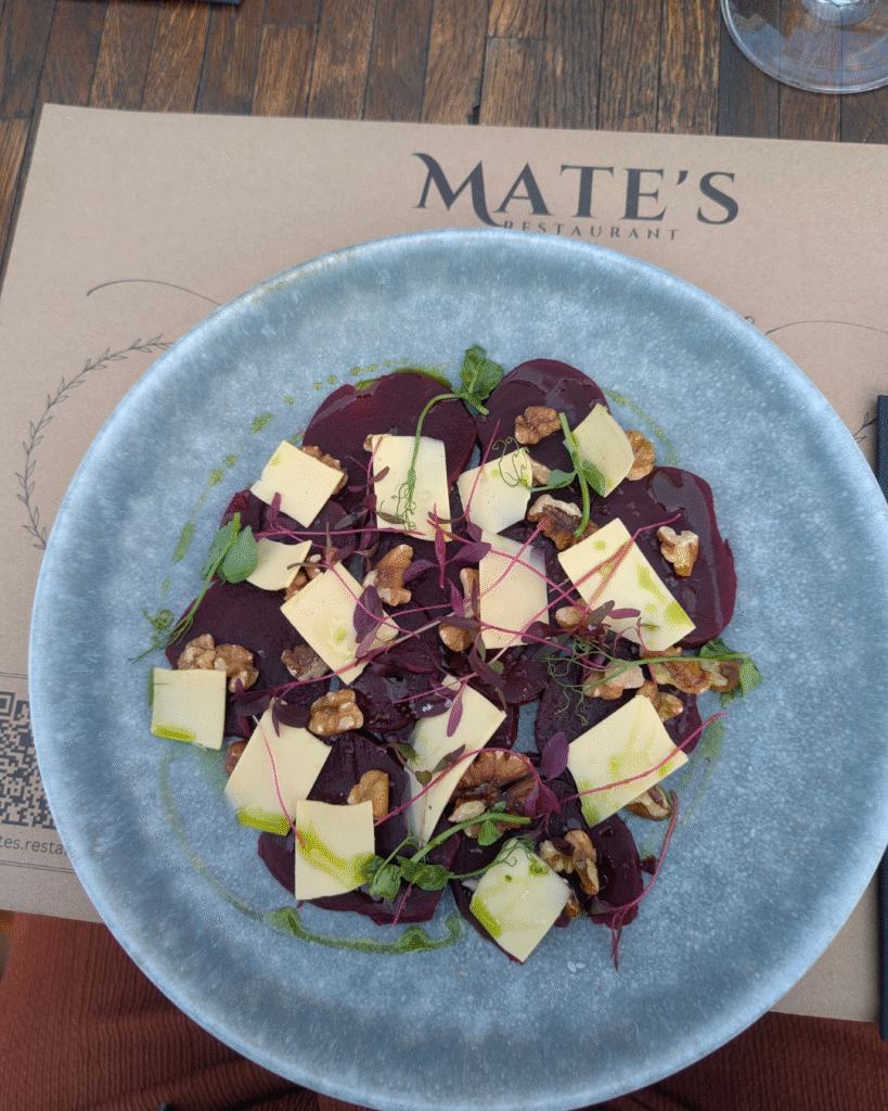Fresh beetroot carpaccio starter at Mate’s Restaurant in London.
