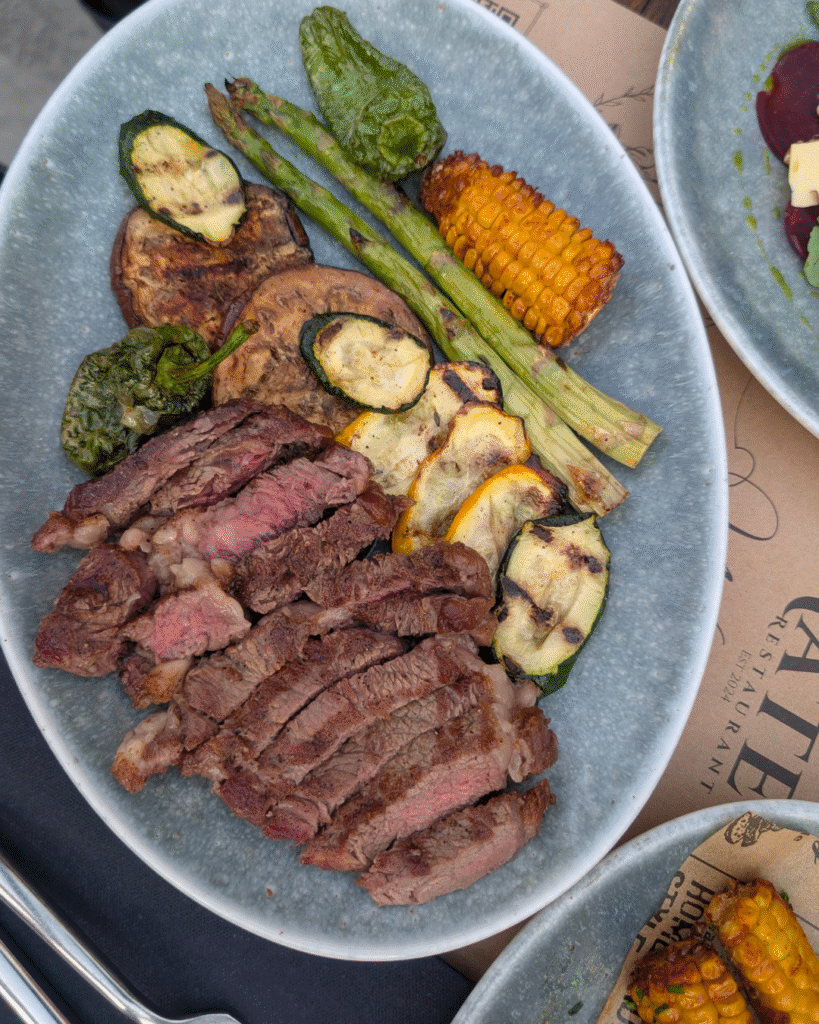  Ribeye steak with grilled vegetables and peppercorn sauce at Mate’s Restaurant in Clapham South.
