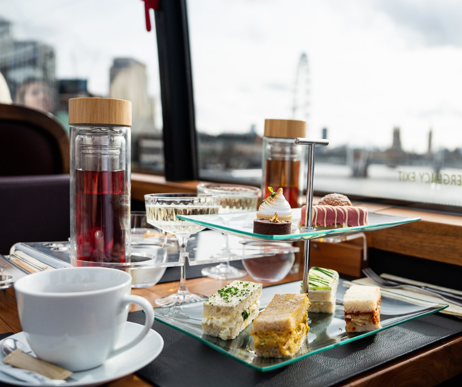 Bustronome bus serving afternoon tea while touring London’s landmarks