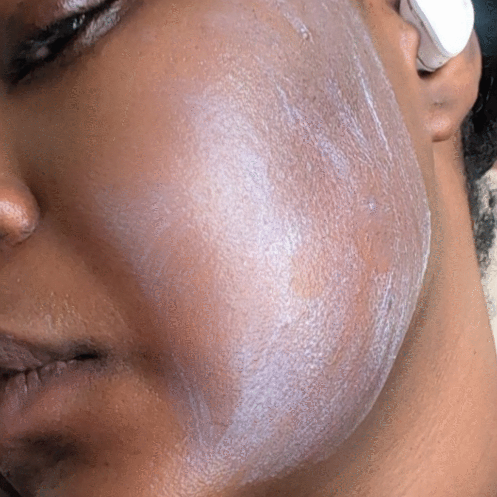 Heaven Skincare Prism Protection SPF 50+ moisturiser applied to skin for hydration and glow