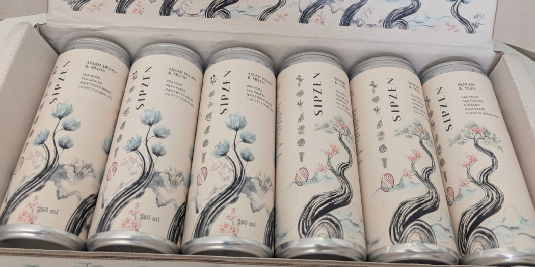 SipZen wellness drink cans featuring Assam Melody & Melon, Sencha & Yuzu, and Kiwi & Pear Wellness