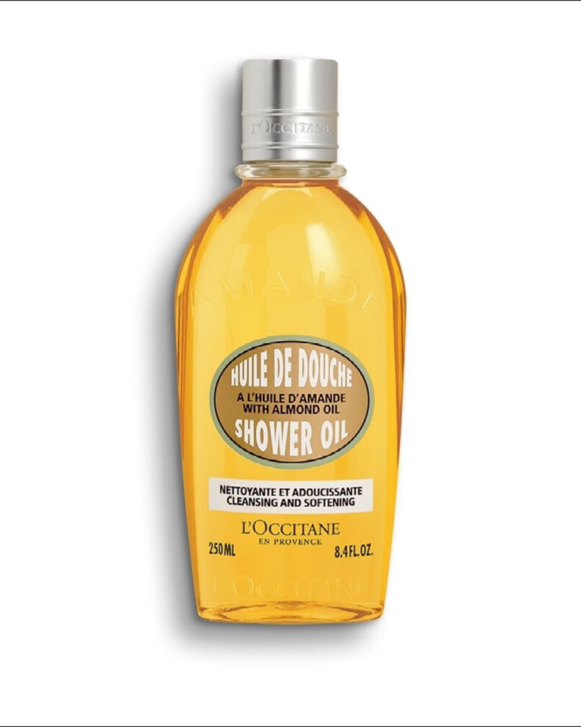 L’Occitane Almond Shower Oil nourishing dry skin during winter showers.