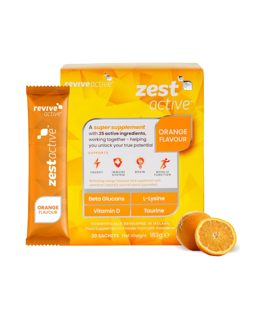 Revive Zest Active wellness drink supporting energy, immunity and muscle function.