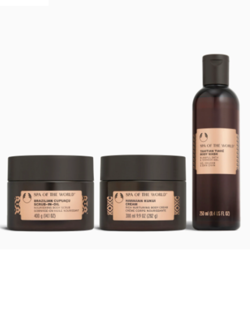 The Body Shop Spa of the World body wash, scrub and cream for an at-home spa ritual.